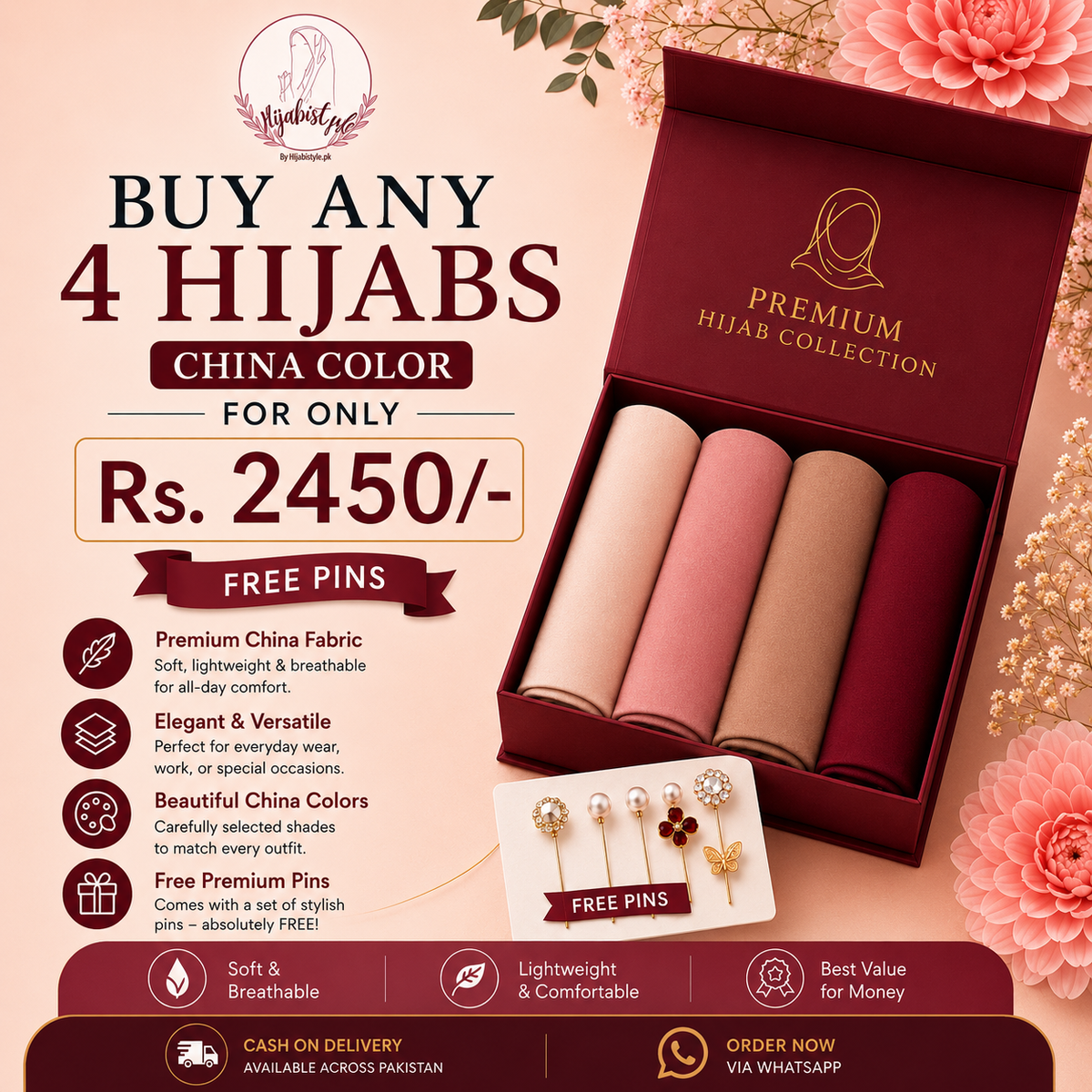 Deal 04 – Buy Any 4 China Color Hijabs | Free Premium Pins